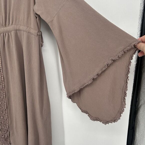 Earthbound Trading Co Boho Mini Dress Brown Crochet Long Bell Sleeves Size XL - Picture 2 of 8